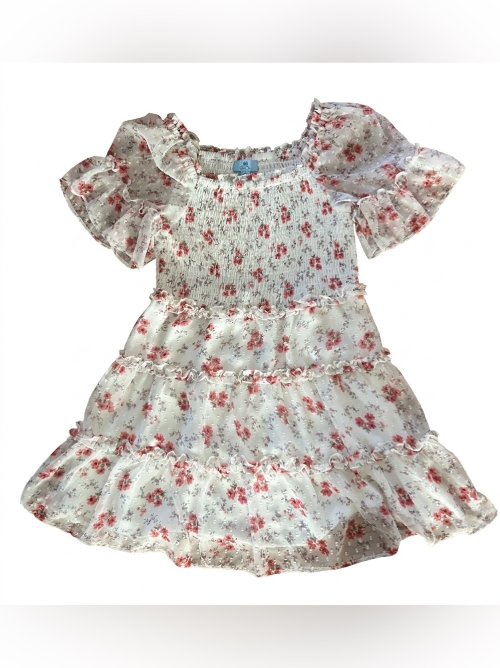 CeCe Floral Smocked Ruffle Swiss Dot Midi Dress Square Neck Size M NWOT